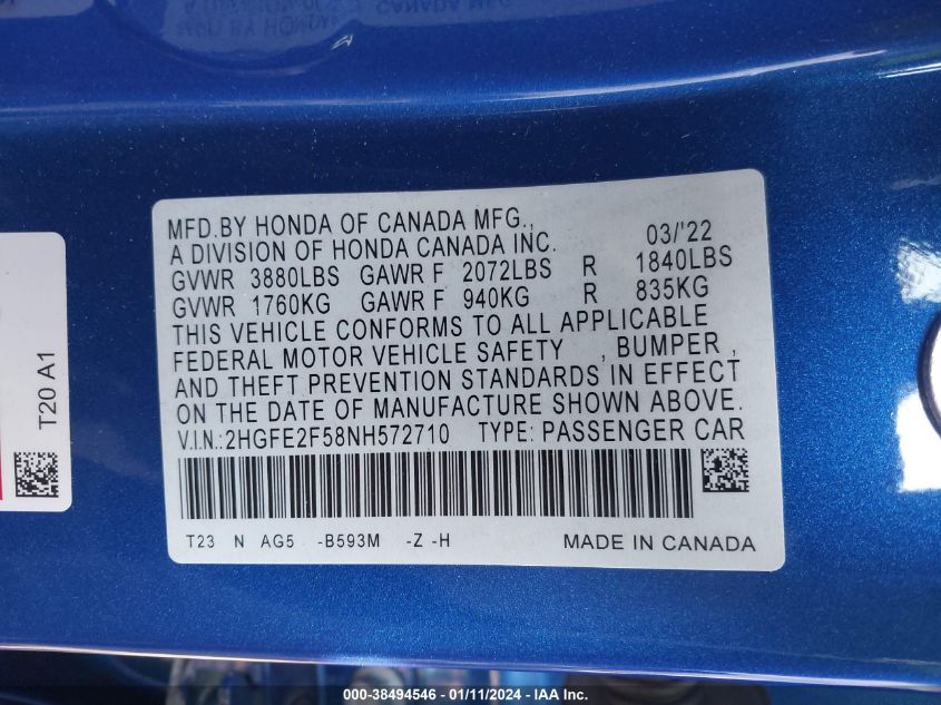 2022 HONDA CIVIC SPORT - 2HGFE2F58NH587271