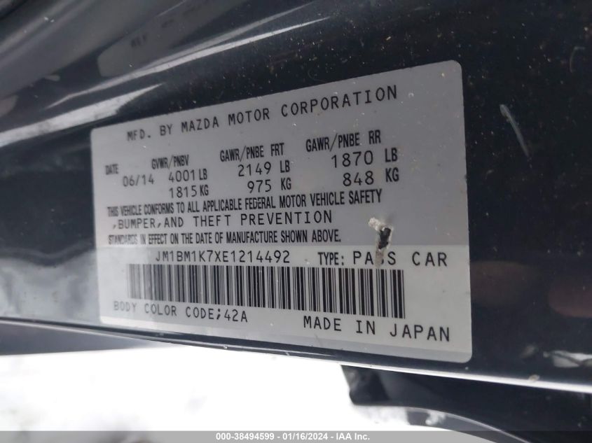 2014 MAZDA MAZDA6 I TOURING - JM1BM1K7XE1214492