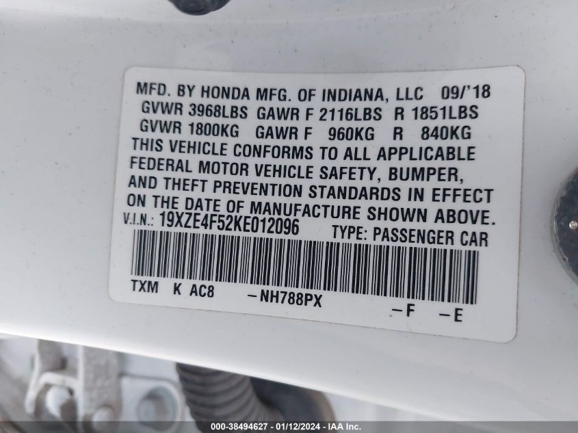 2019 HONDA INSIGHT EX - 19XZE4F52KE012096