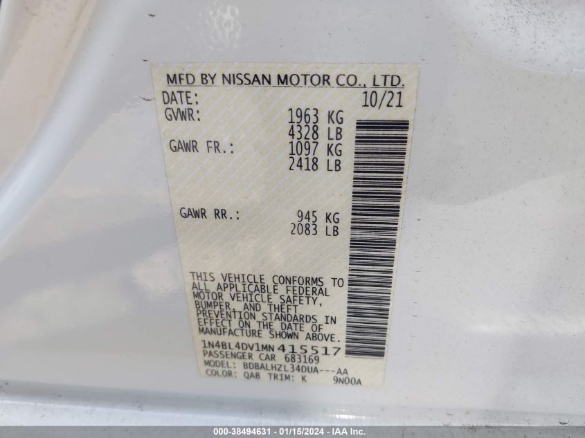 2021 NISSAN ALTIMA SV - 1N4BL4DV1MN415517