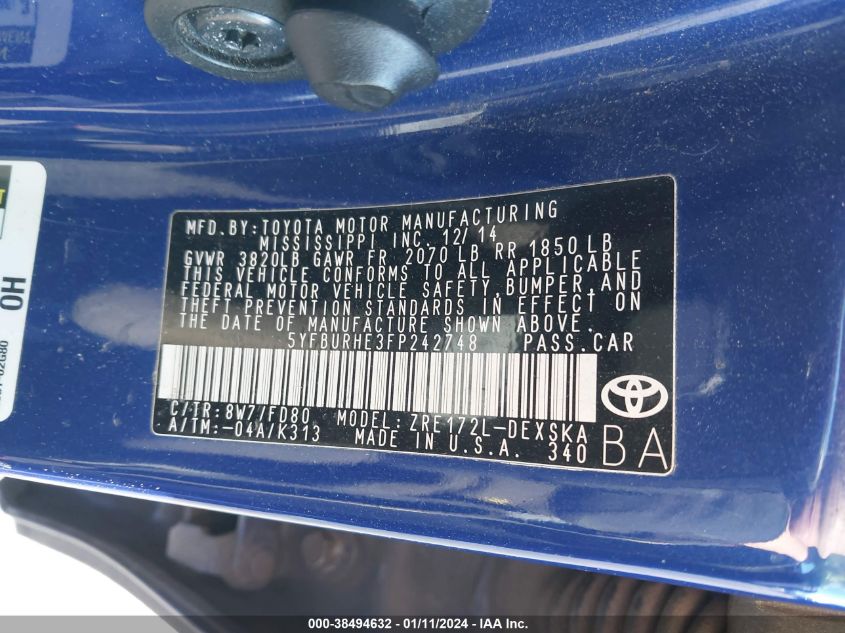 2015 TOYOTA COROLLA S PLUS - 5YFBURHE3FP242748