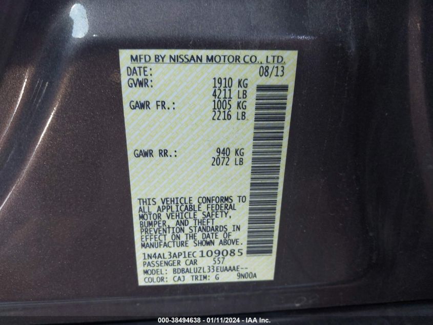 2014 NISSAN ALTIMA 2.5/S/SV/SL - 1N4AL3AP1EC109085