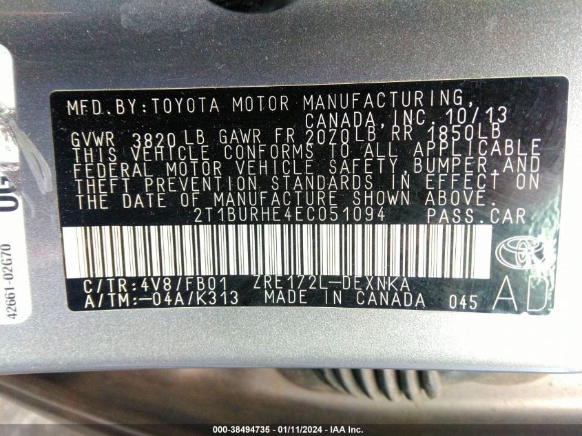 2014 TOYOTA COROLLA L/LE/LE PLS/PRM/S/S PLS - 2T1BURHE4EC051094