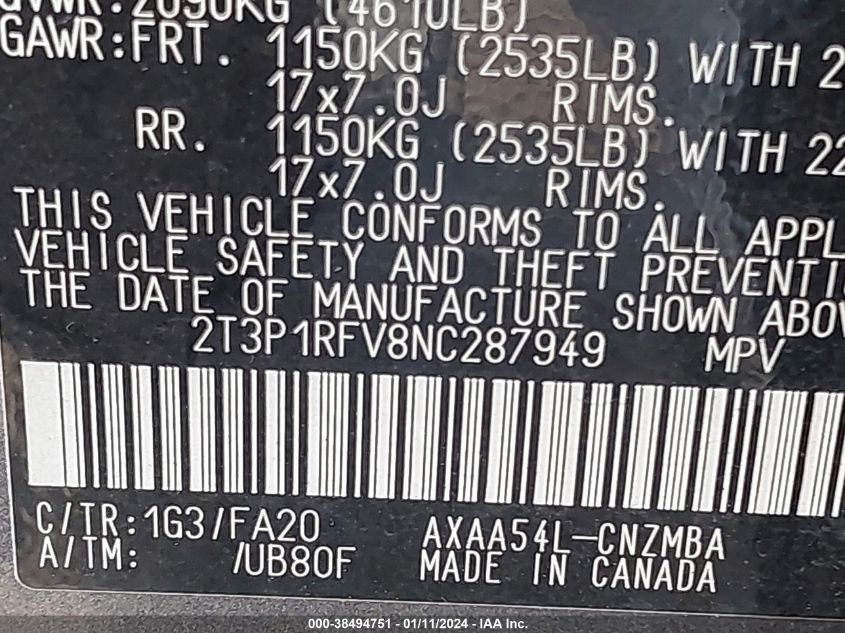 2022 TOYOTA RAV4 XLE/XLE PREMIUM - 2T3P1RFV8NC287949