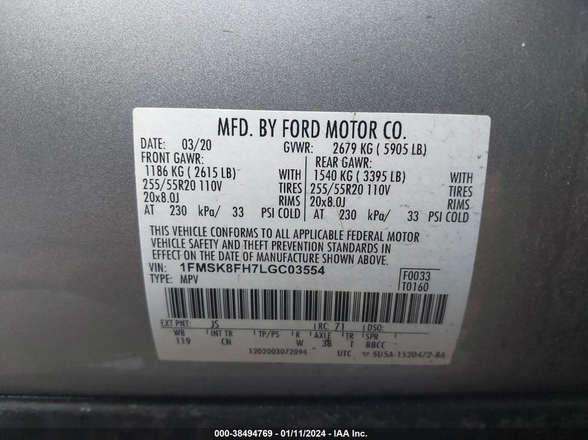 VIN 1FMSK8FH7LGC03554 2020 FORD EXPLORER LIMITED