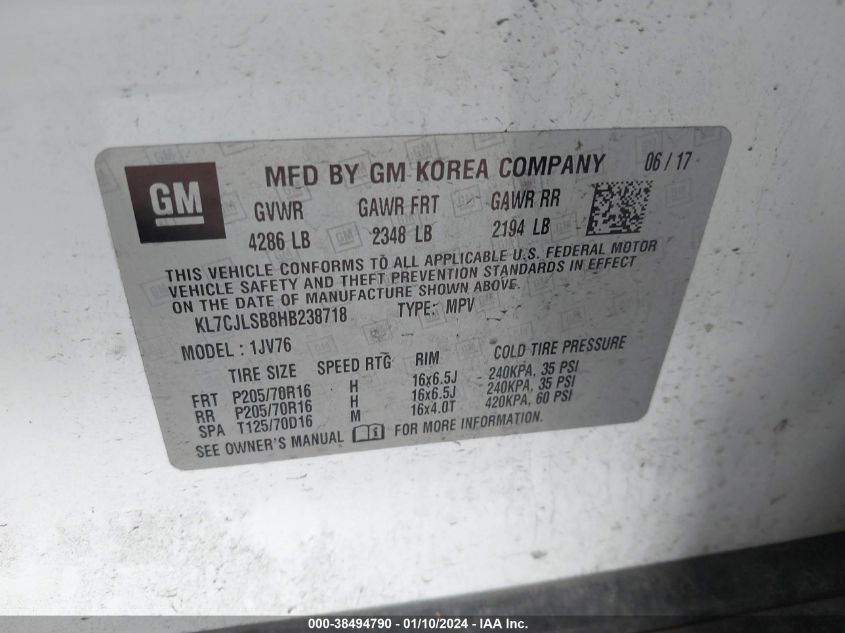 2017 CHEVROLET TRAX 1LT - KL7CJLSB8HB238718