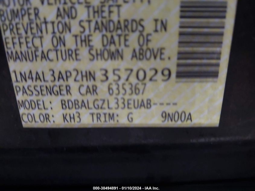 2017 NISSAN ALTIMA 2.5/S/SV/SL/SR - 1N4AL3AP2HN357029