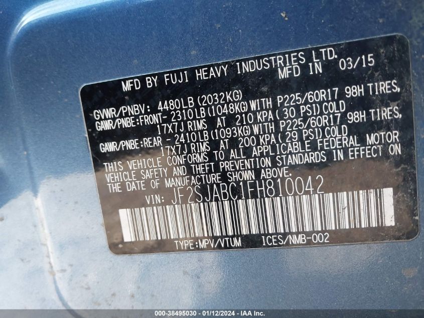 2015 SUBARU FORESTER 2.5I - JF2SJABC1FH810042
