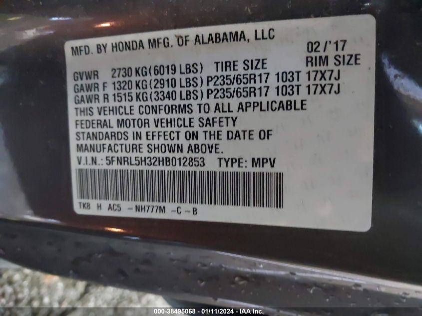 5FNRL5H32HB012853 2017 HONDA ODYSSEY, photo no. 9