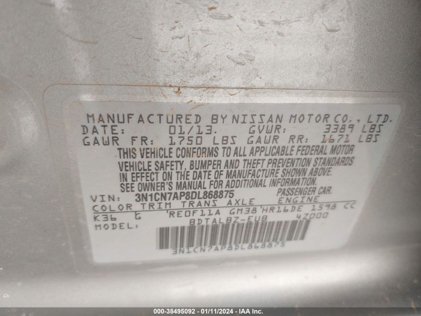 2013 NISSAN VERSA 1.6 SV - 3N1CN7AP8DL868875