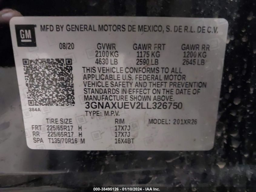 2020 CHEVROLET EQUINOX LT - 3GNAXUEV2LL326750