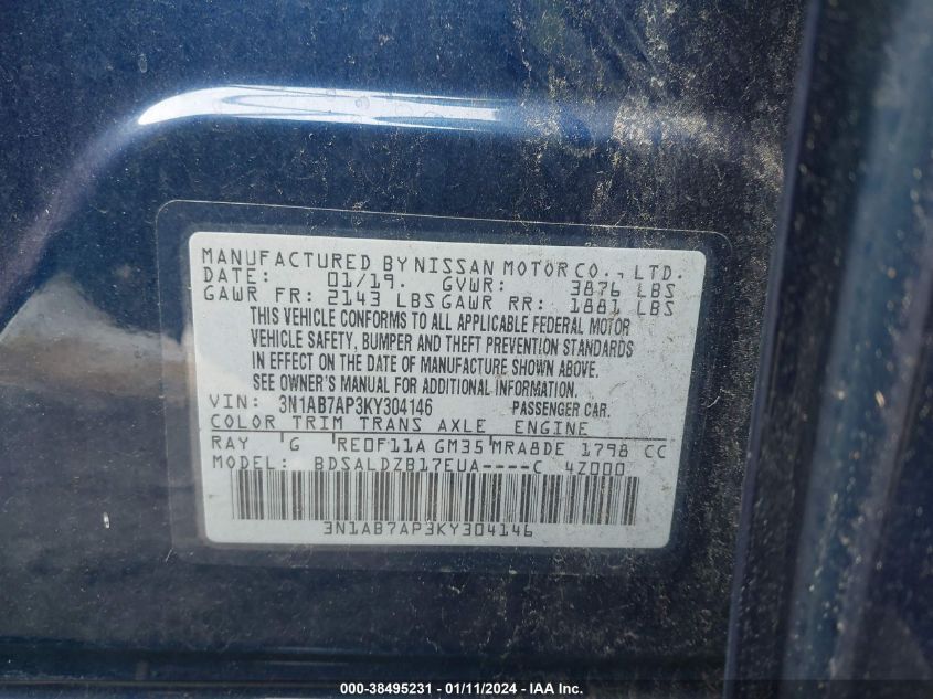 2019 NISSAN SENTRA SV - 3N1AB7AP3KY304146