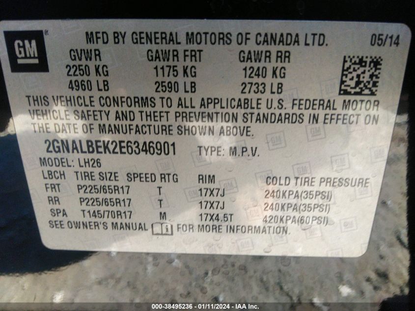 2014 CHEVROLET EQUINOX LT - 2GNALBEK2E6346901