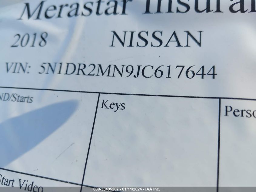 2018 NISSAN PATHFINDER S/SV/SL/PLATINUM - 5N1DR2MN9JC617644