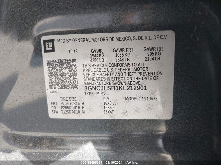 2019 CHEVROLET TRAX 1LT - 3GNCJLSB1KL212901