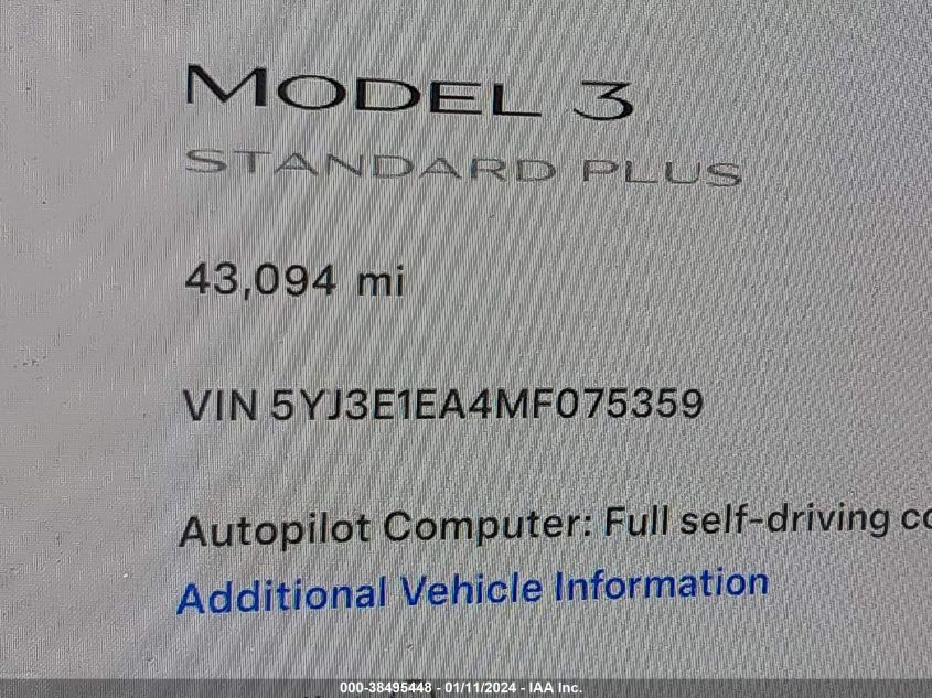 2021 TESLA MODEL 3 - 5YJ3E1EA4MF075359