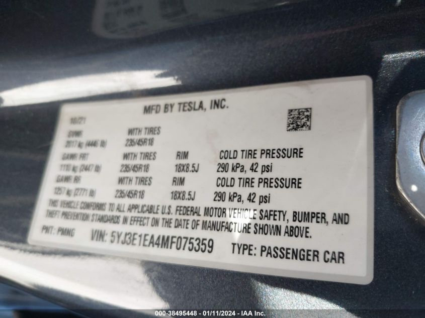2021 TESLA MODEL 3 - 5YJ3E1EA4MF075359