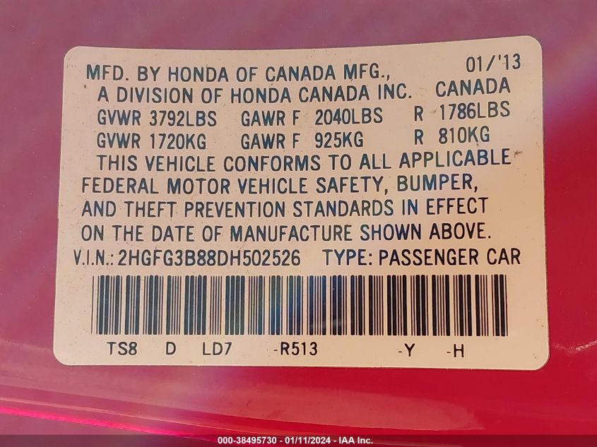 2013 HONDA CIVIC EX - 2HGFG3B88DH502526