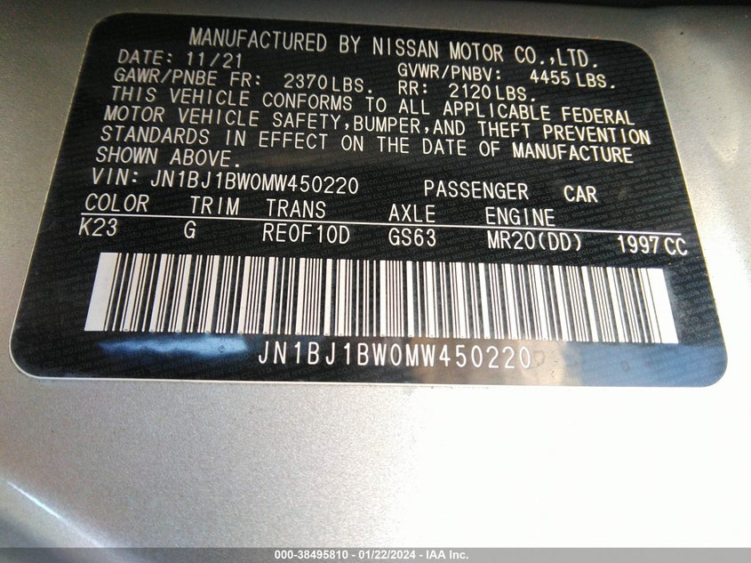 VIN JN1BJ1BW0MW450220 2021 NISSAN ROGUE SPORT SV