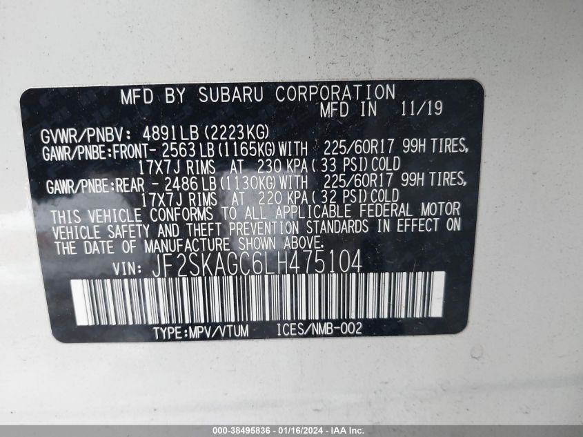 2020 SUBARU FORESTER PREMIUM - JF2SKAGC6LH475104