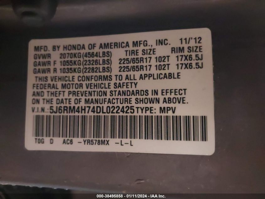 2013 HONDA CR-V EX-L - 5J6RM4H74DL022425