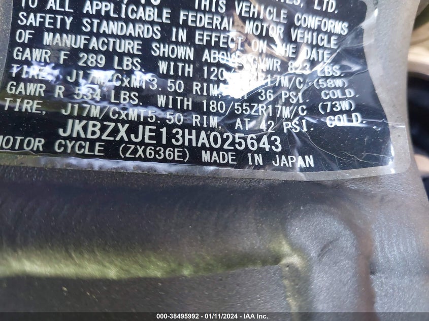 VIN JKBZXJE13HA025643 2017 KAWASAKI ZX636 E