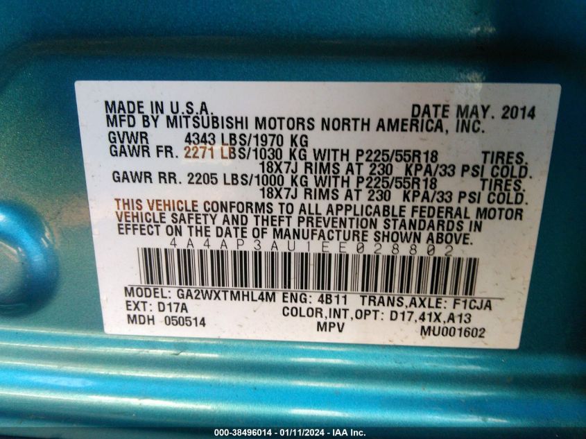 2014 MITSUBISHI OUTLANDER SPORT ES - 4A4AT3AU1EE028802
