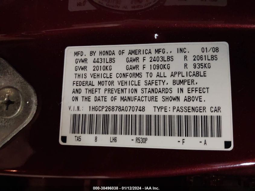 1HGCP26878A070748 | 2008 HONDA ACCORD