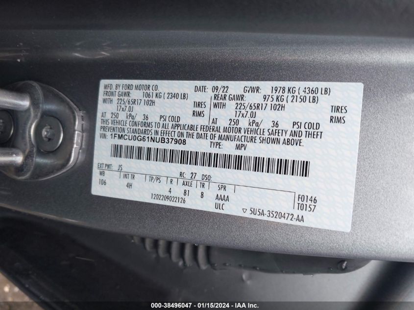 2022 FORD ESCAPE SE - 1FMCU0G61NUB37908