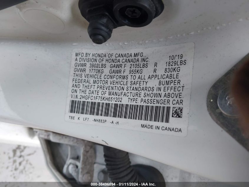 2019 HONDA CIVIC EXL - 2HGFC1F75KH651202