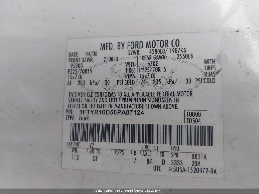 1FTYR10D58PA87124 | 2008 FORD RANGER