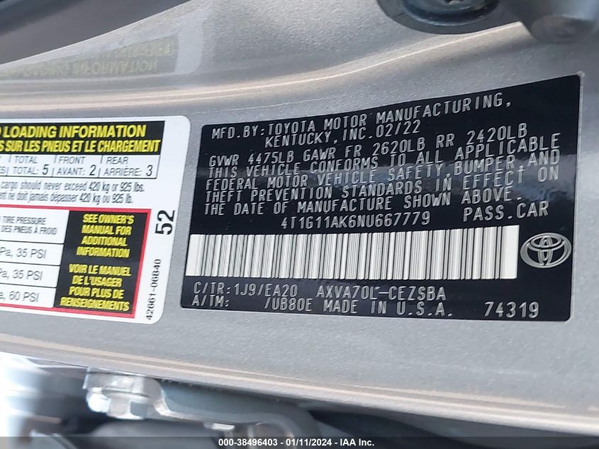2022 TOYOTA CAMRY SE - 4T1G11AK6NU667779