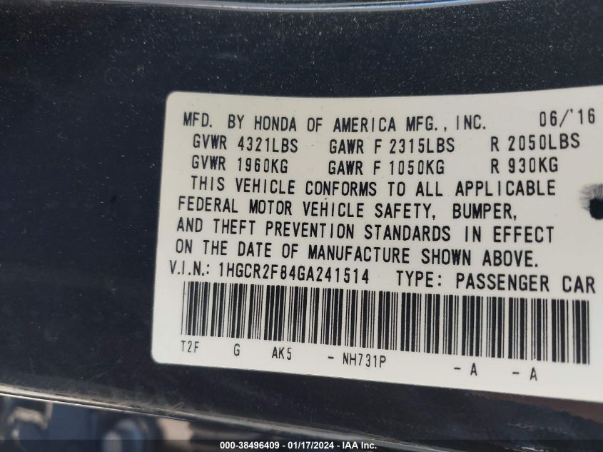 2016 HONDA ACCORD EXL - 1HGCR2F84GA241514