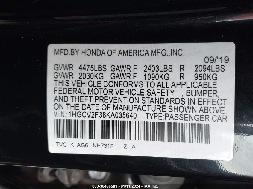 2019 HONDA ACCORD SPORT - 1HGCV2F38KA035640