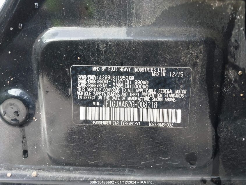 2016 SUBARU IMPREZA - JF1GJAA62GH008218