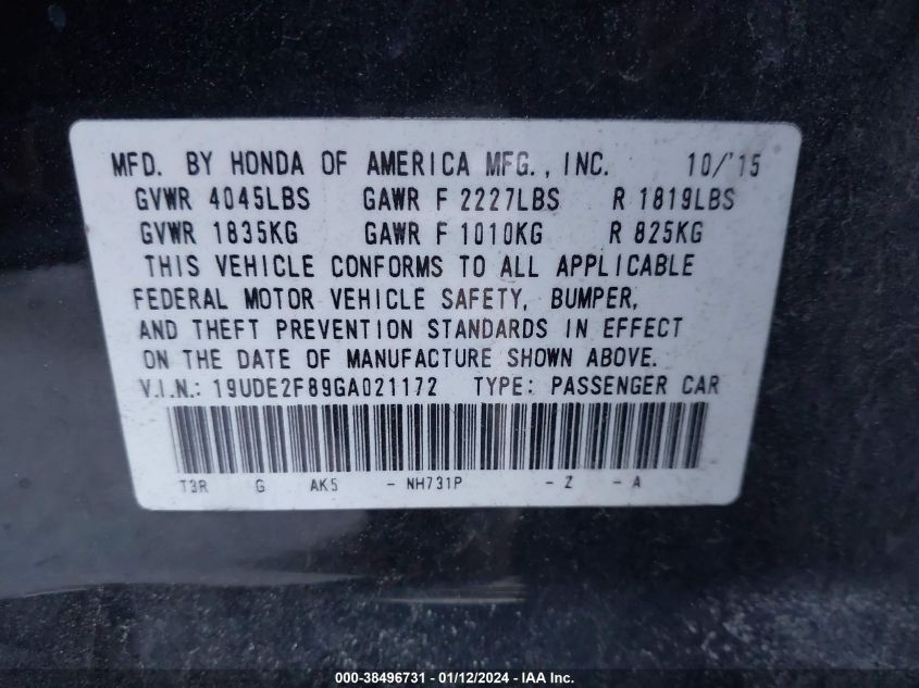 2016 ACURA ILX PREMIUM/TECHNOLOGY - 19UDE2F89GA021172