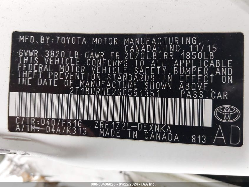 2016 TOYOTA COROLLA LE - 2T1BURHE2GC561351