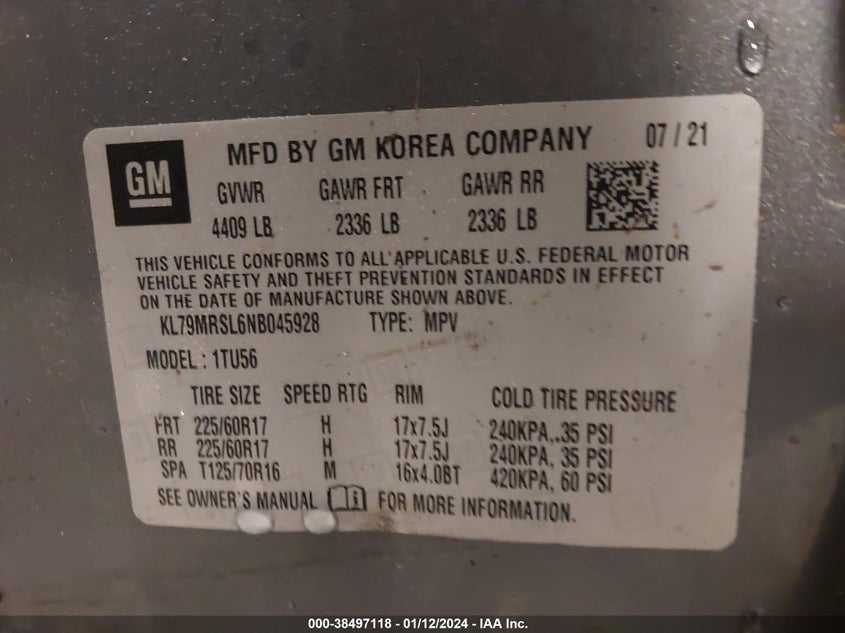 VIN KL79MRSL6NB045928 2022 CHEVROLET TRAILBLAZER LT