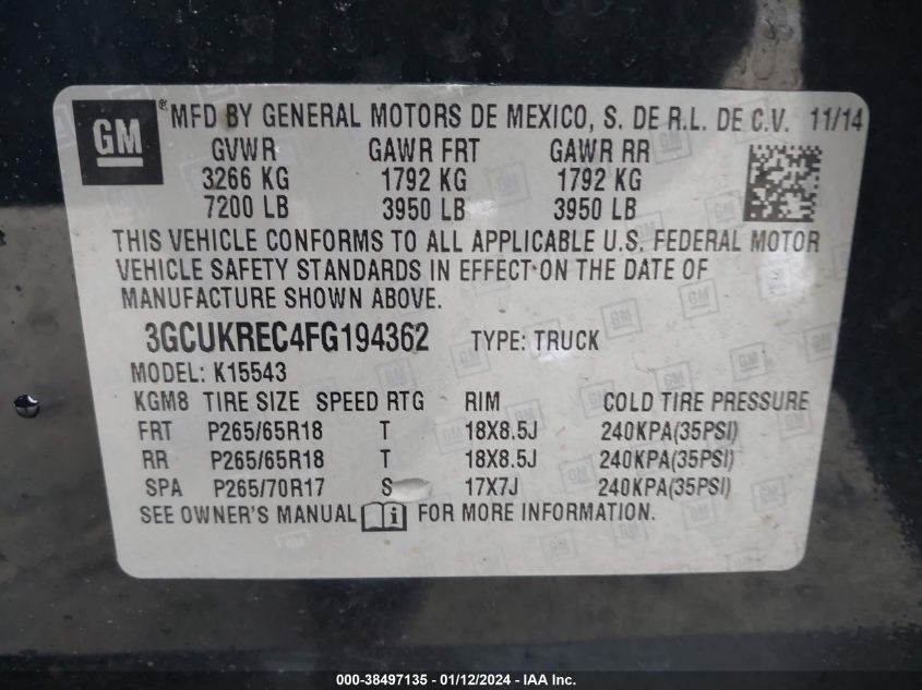 2015 CHEVROLET SILVERADO 1500 1LT - 3GCUKREC4FG194362