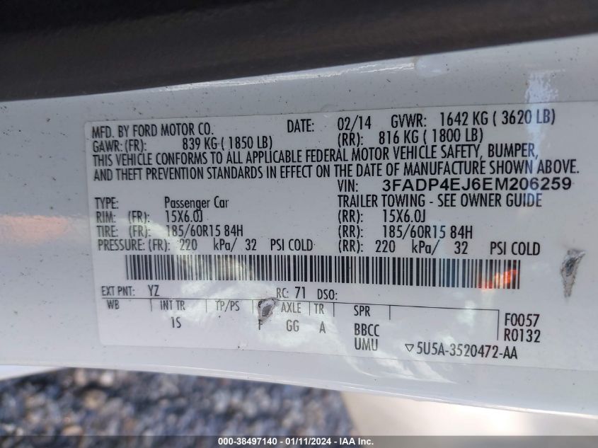 2014 FORD FIESTA SE - 3FADP4EJ6EM206259