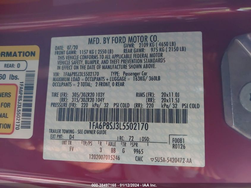 2020 FORD MUSTANG SHELBY GT500 - 1FA6P8SJ3L5502170