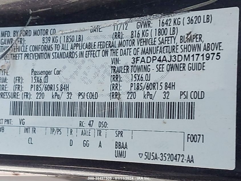 2013 FORD FIESTA S - 3FADP4AJ3DM171975
