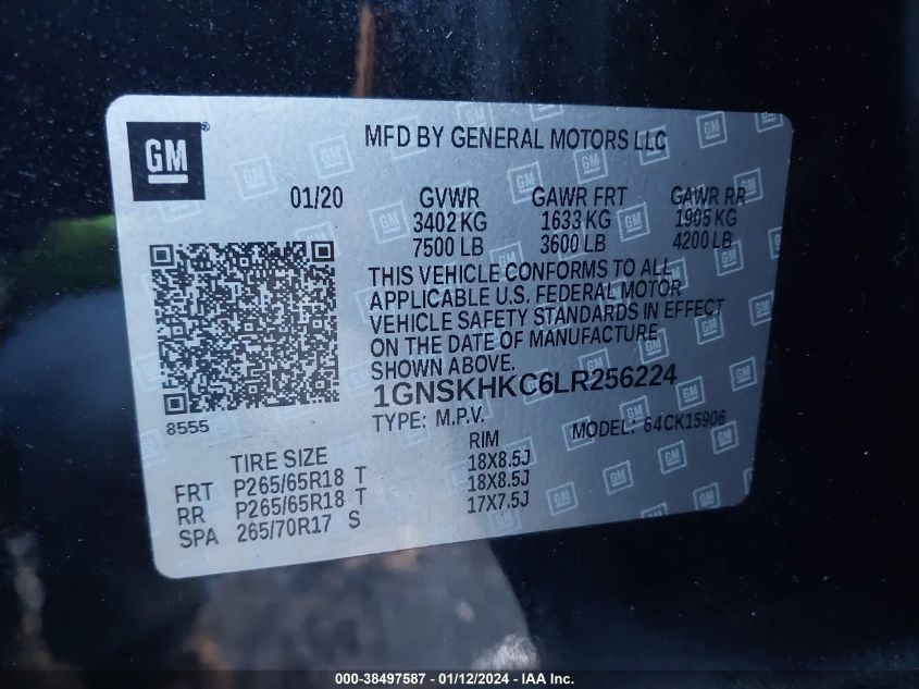 2020 CHEVROLET SUBURBAN K1500 LT - 1GNSKHKC6LR256224