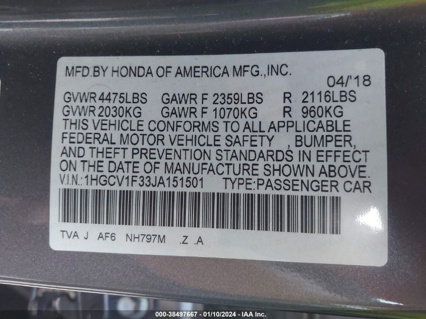 2018 HONDA ACCORD SPORT - 1HGCV1F33JA151501