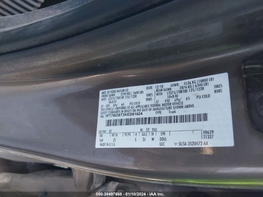 2019 FORD F-250 XLT 1FT7W2BT3KED81624
