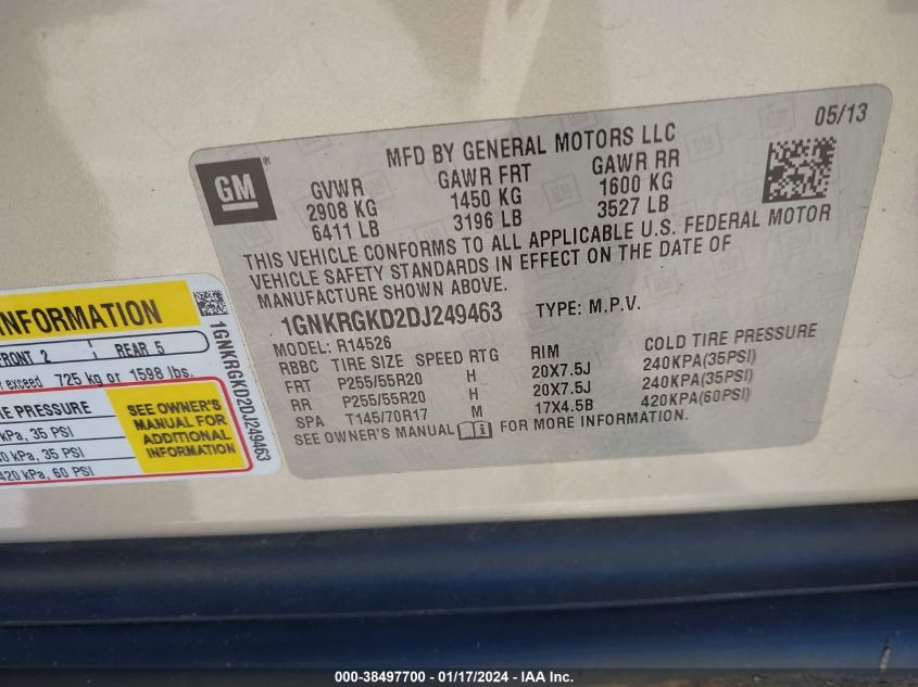 2013 CHEVROLET TRAVERSE LT - 1GNKRGKD2DJ249463