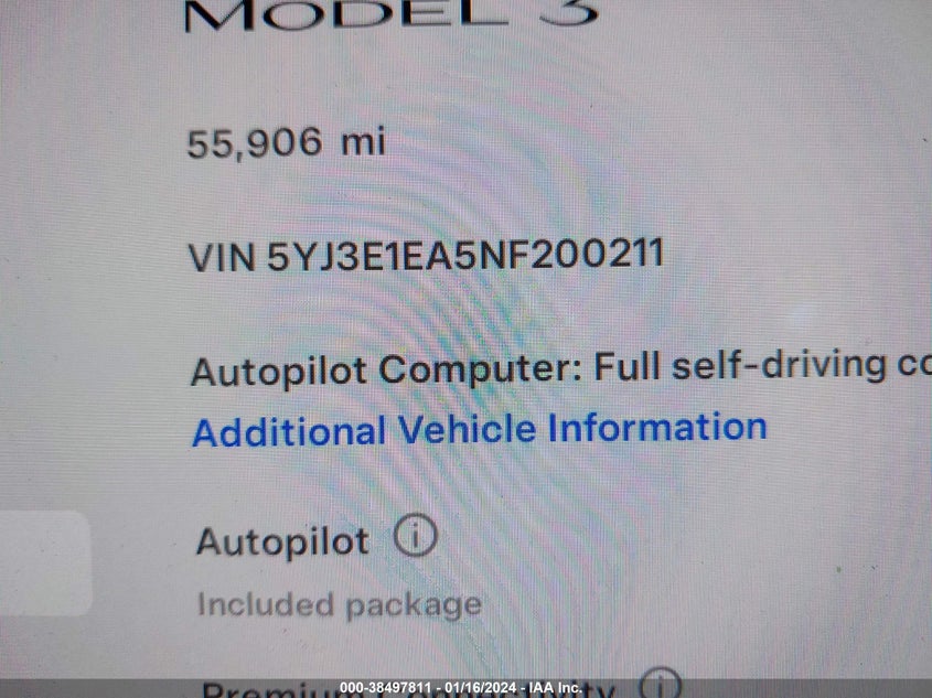 VIN 5YJ3E1EA5NF200211 2022 TESLA MODEL 3 REAR-WHEEL DRIVE