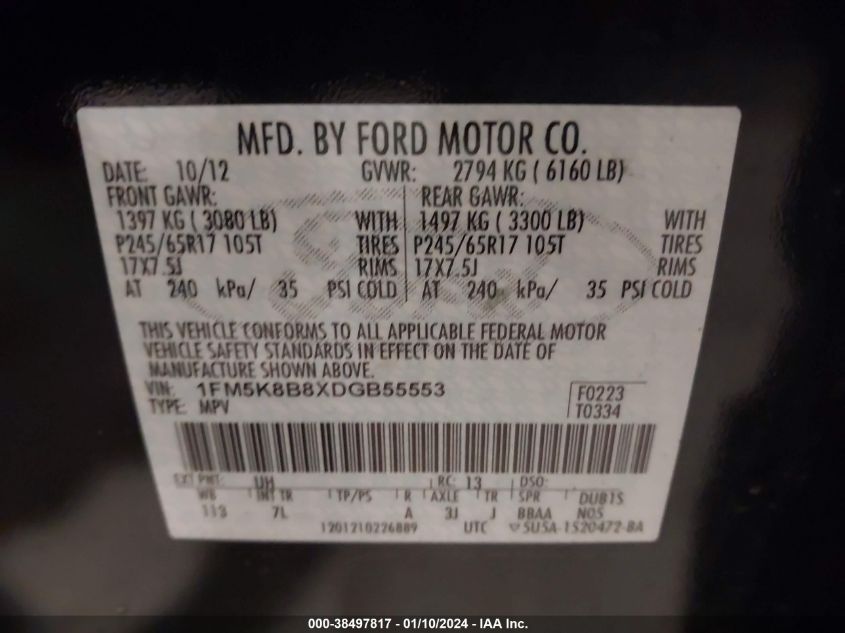 2013 FORD EXPLORER - 1FM5K8B8XDGB55553
