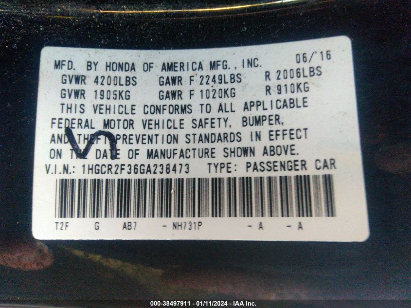 2016 HONDA ACCORD LX - 1HGCR2F36GA238473
