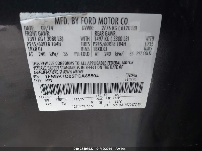 2015 FORD EXPLORER XLT - 1FM5K7D85FGA85504